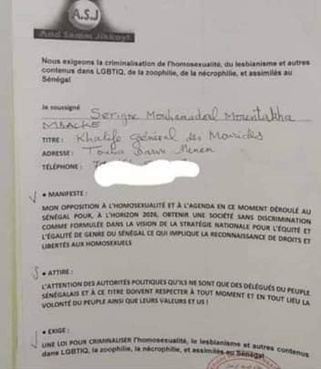 Serigne Mountakha MBACKÉ dit Oui à la criminalisation de l’homosexualité (Document)