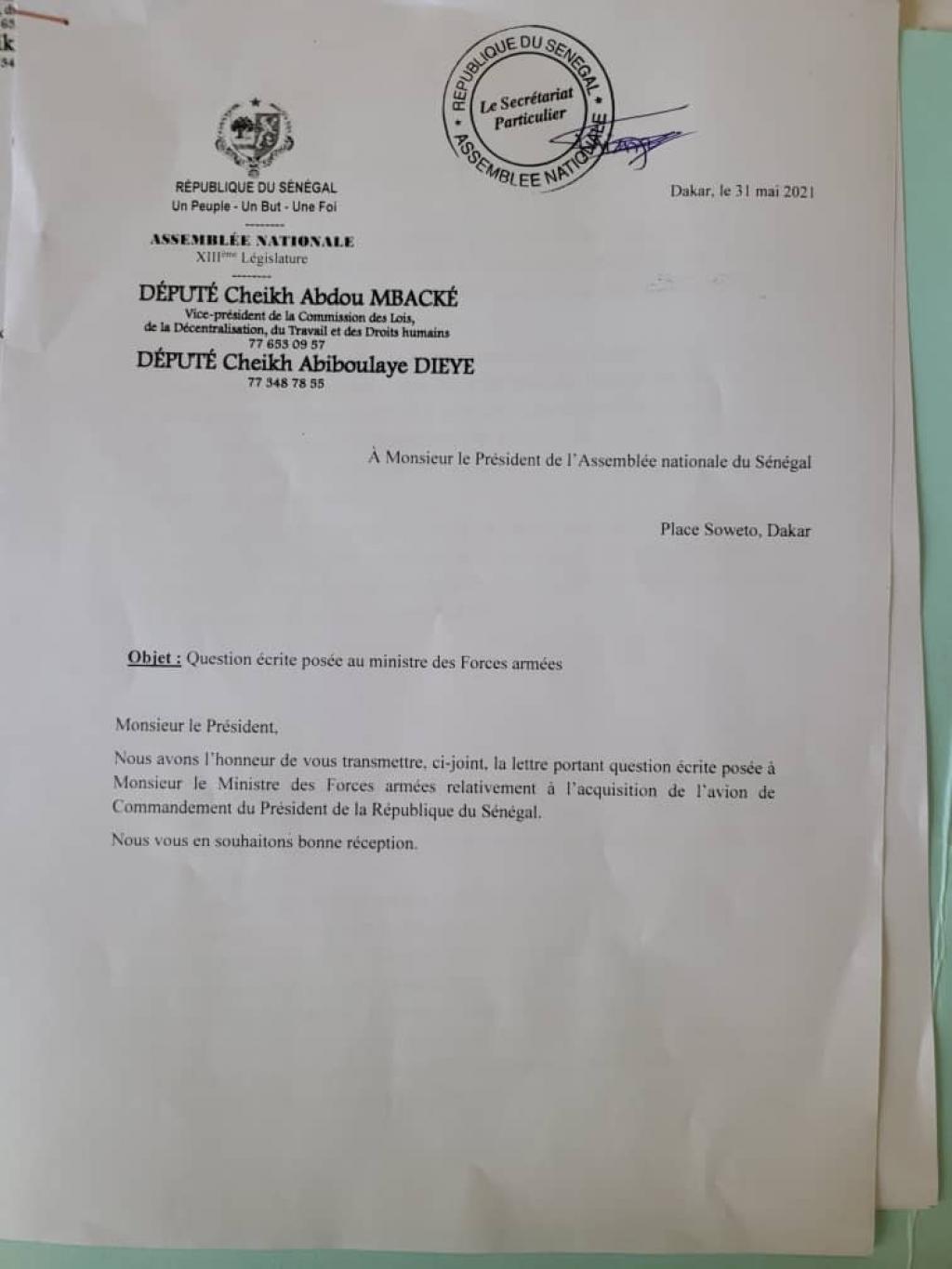 Avion présidentiel : La correspondance des députés !