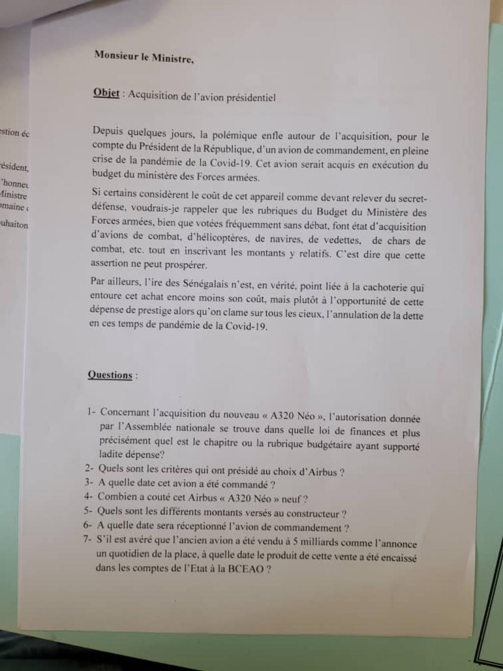 Avion présidentiel : La correspondance des députés !