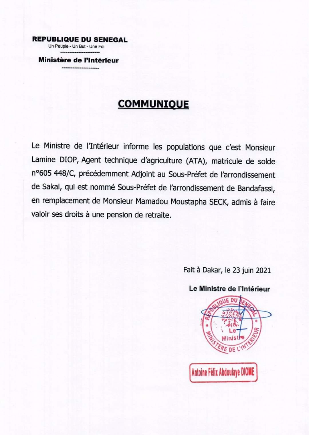 Insolite : l'Adjoint au Préfet de Thies décédé, nommé sous-préfet de l’arrondissement de Bandassi