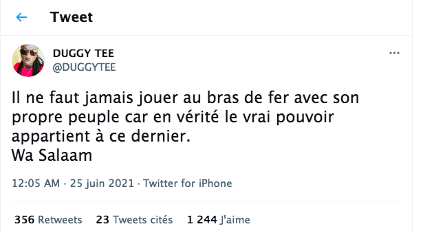 Duggy TEE à Macky et son clan : "Il ne faut jamais jouer au bras de fer avec son propre peuple"