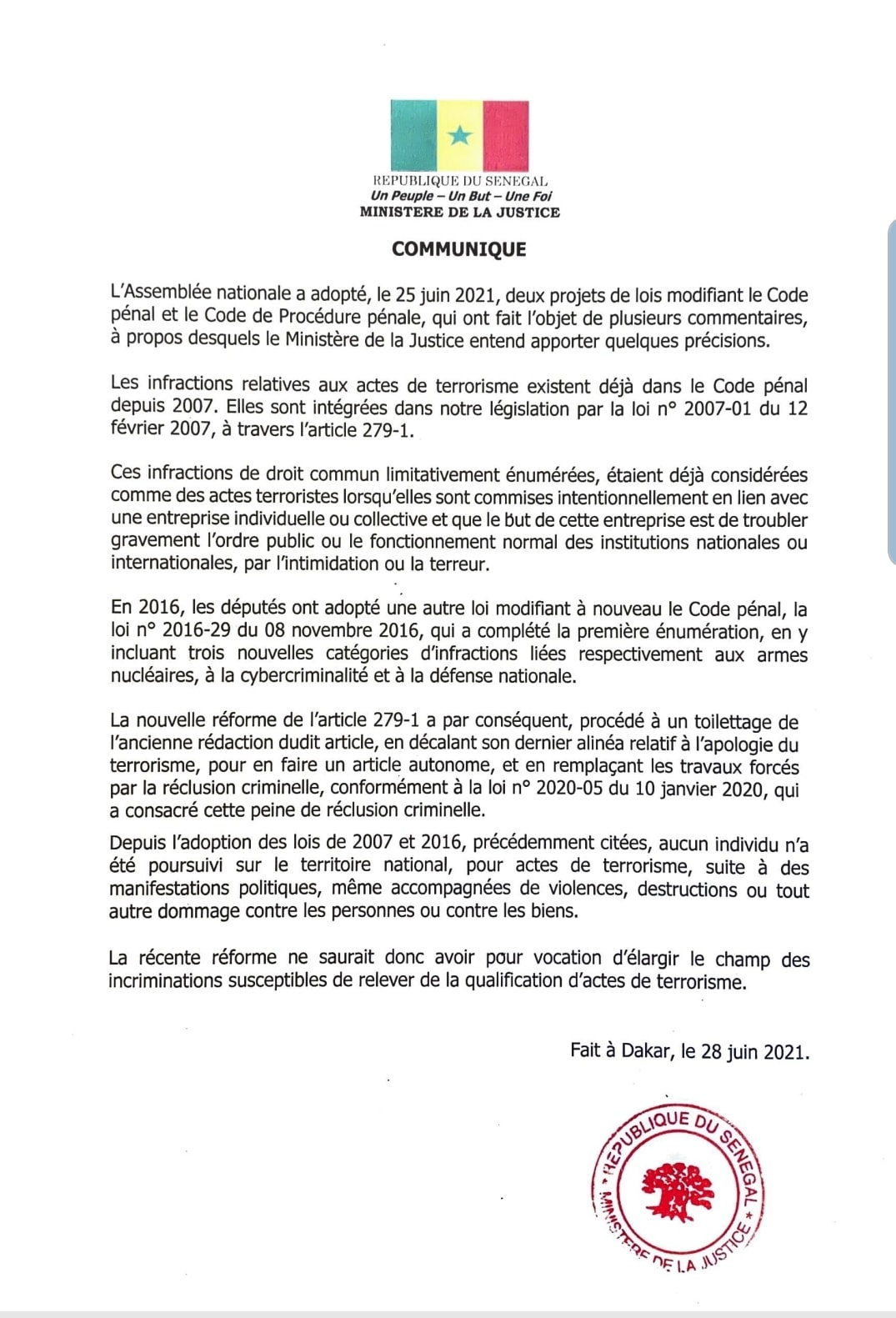 Loi sur le terrorisme: Macky Sall recule (Communiqué)