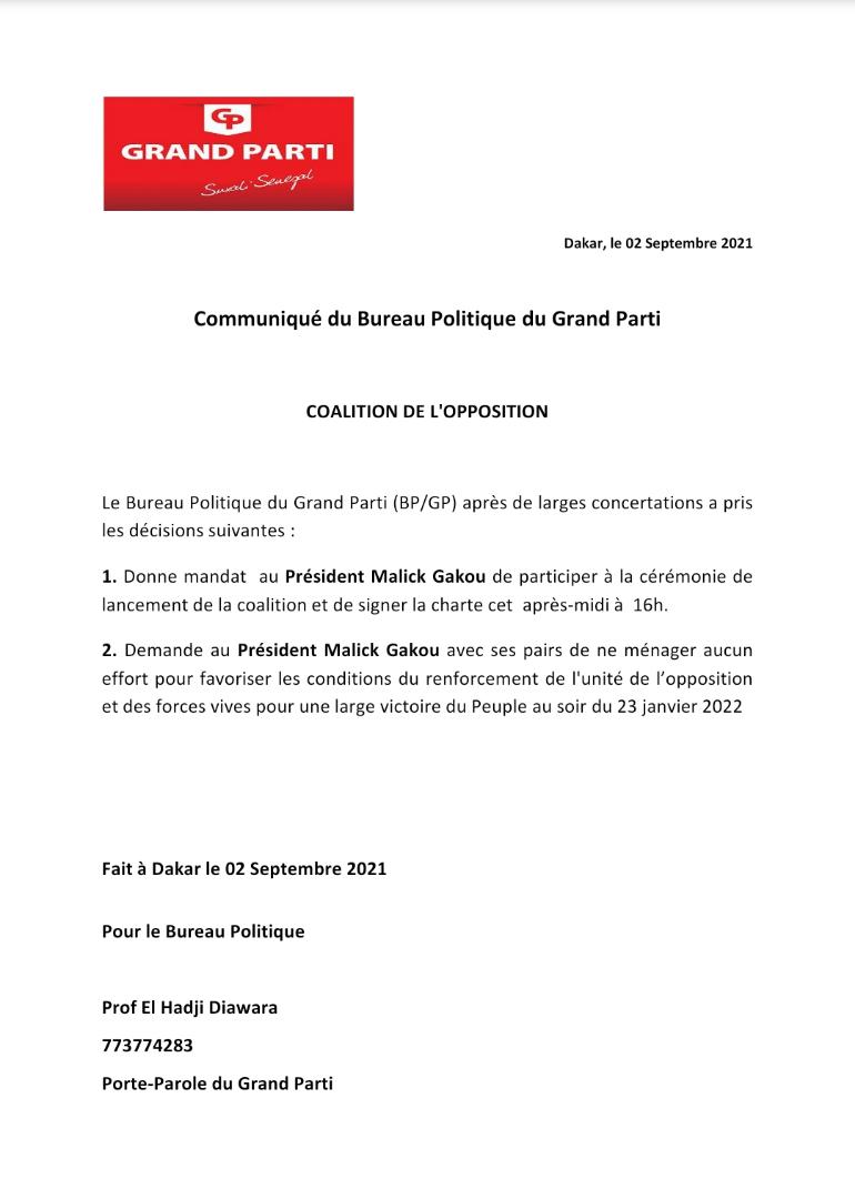 Grande coalition de l'opposition : La position du parti de Malick Gackou 