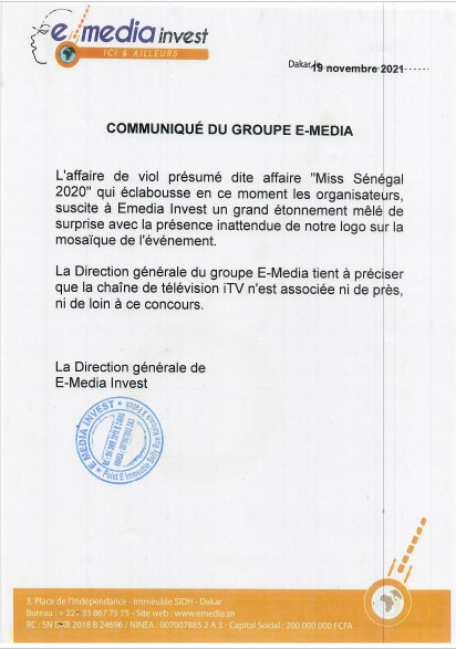 Viol présumé sur Miss Sénégal 2020: le groupe E-media informe qu'il n'est mêlé "ni de près ni de loin à ce concours" (communiqué)