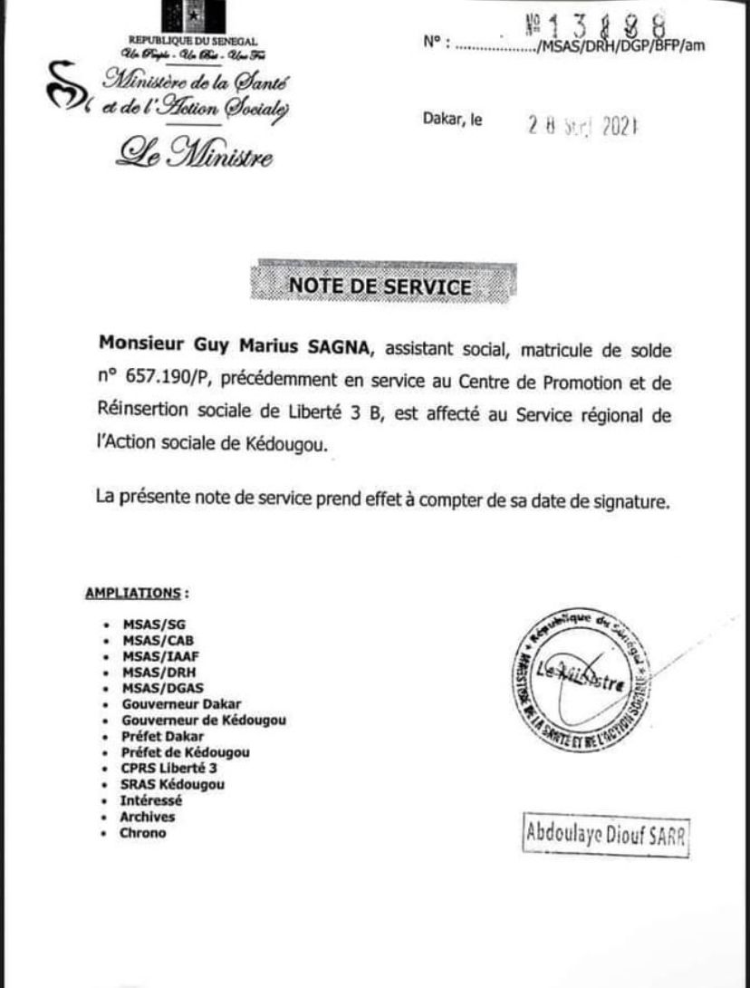 Administration : Guy Marius Sagna affecté à Kédougou !