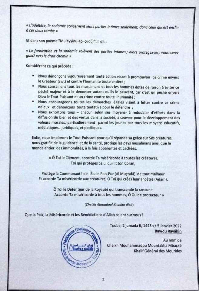 Rejet de la loi sur l’homosexualité par les députés de Benno: Serigne Mountakha dénonce 