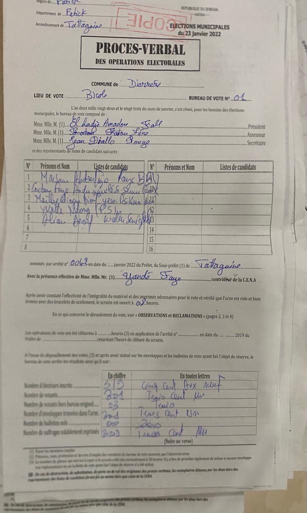 LOCALES 2022: défaite suspecte de la coalition BBY à Bicole, dans la commune de Diarrere (DOCUMENTS )