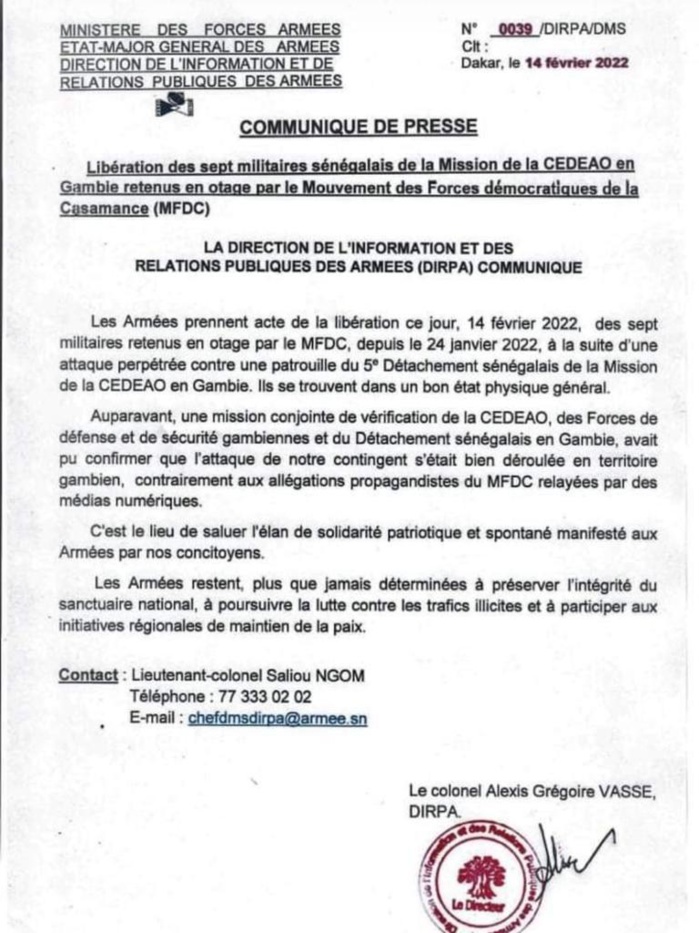 Libération des sept soldats : la réaction de l'armée Sénégalaise