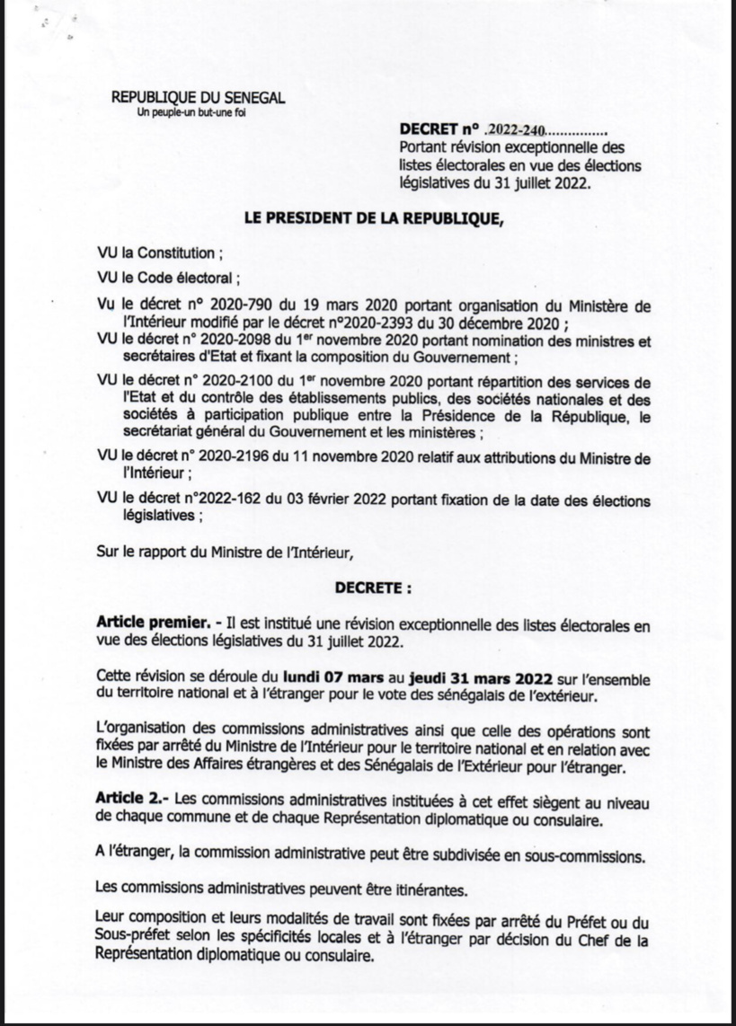 Révision exceptionnelle des listes électorales du 7 au 31 mars 2022 (Documents) 