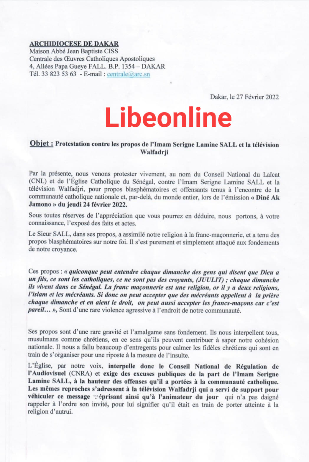 Propos "irresponsables" de outaz SALL : L'Eglise exige des excuses publiques 