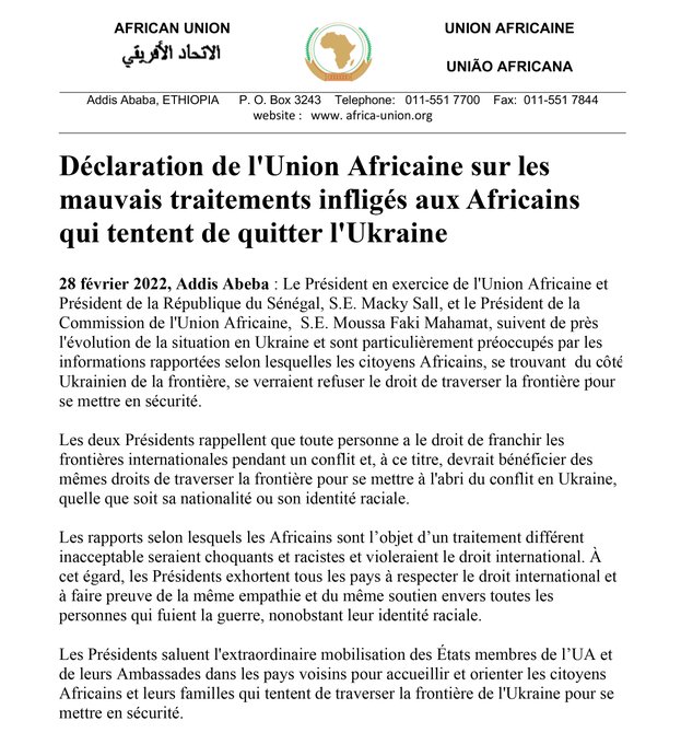 Guerre en Ukraine: l'UA dénonce le traitement raciste dont sont victimes les Africains