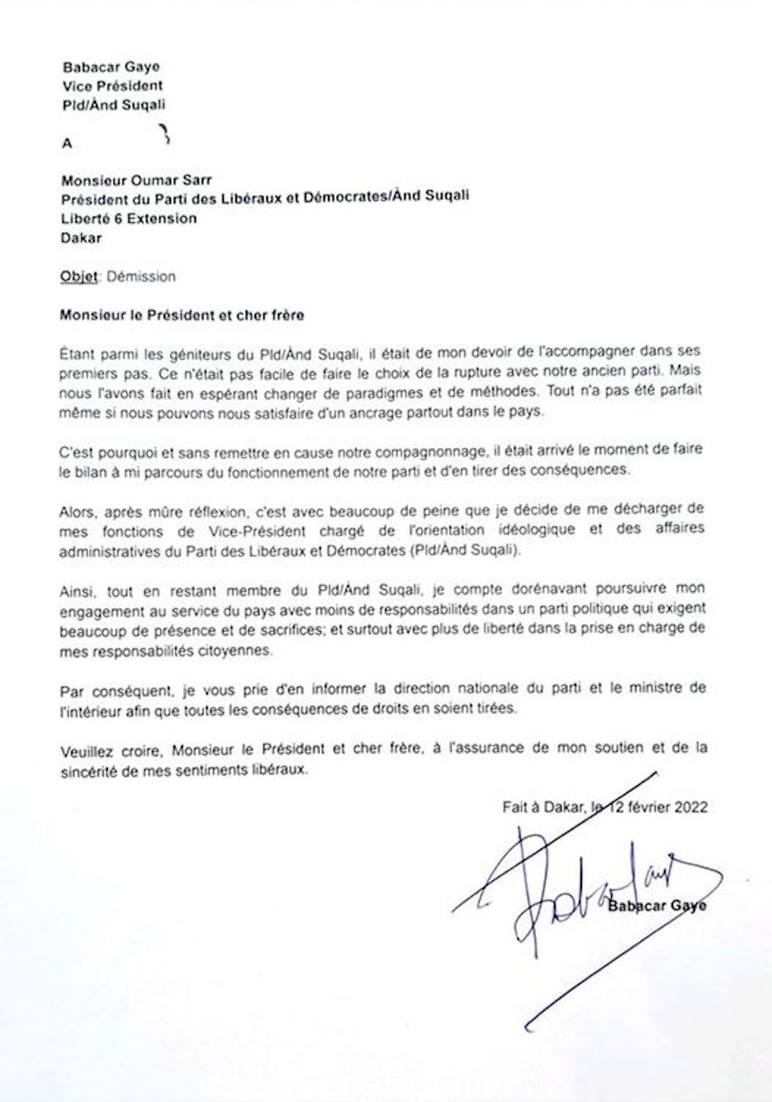 Babacar Gaye démissionne de la vice présidence de "And Suqali"