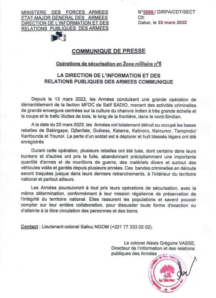 Opération de démantèlement des bases de Salif Sadio : L'armée dévoile son bilan...