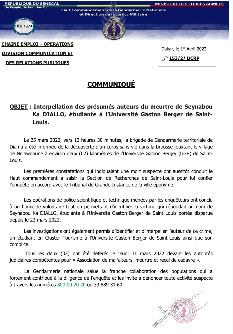 Assassinat de l'étudiante Seynabou Ka DIALLO : Des présumés auteurs du meurtre arrêtés 