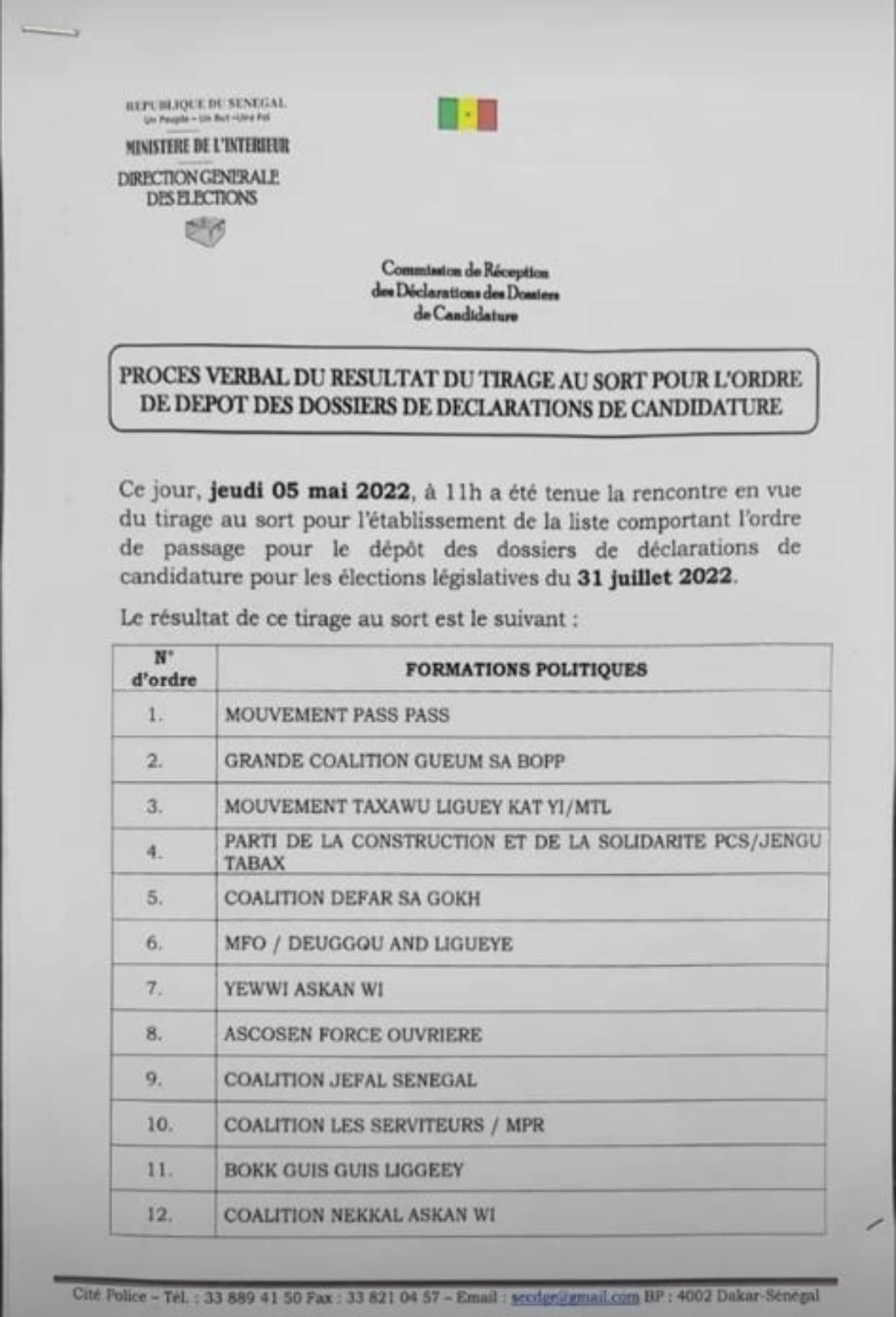 Législatives 2022 : Voici l’ordre de dépôt des dossiers de déclaration de candidature