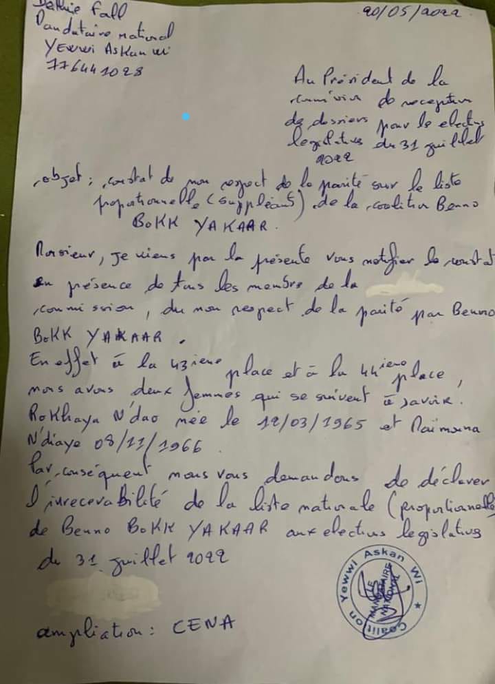 Explosive : La CENA atteste que la liste de Benno Book Yaakaar n'a pas respecté la parité (YAW)