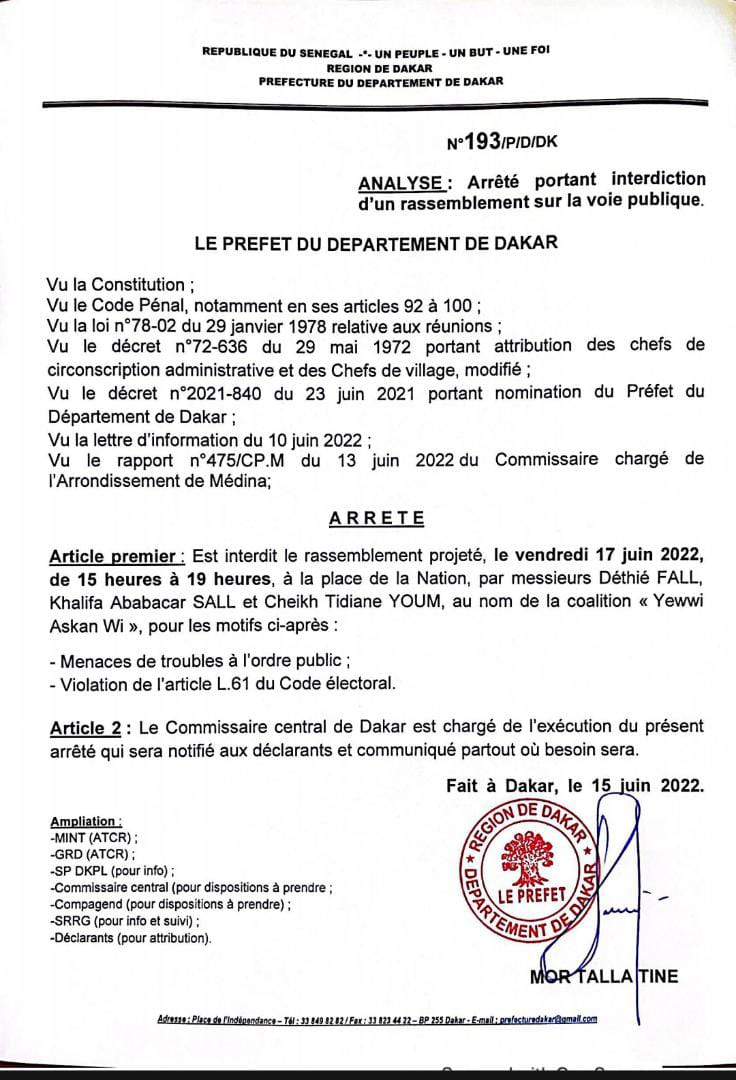 Place de la nation :Le Préfet de Dakar interdit  la manifestation de "Yewwi Askan Wi"