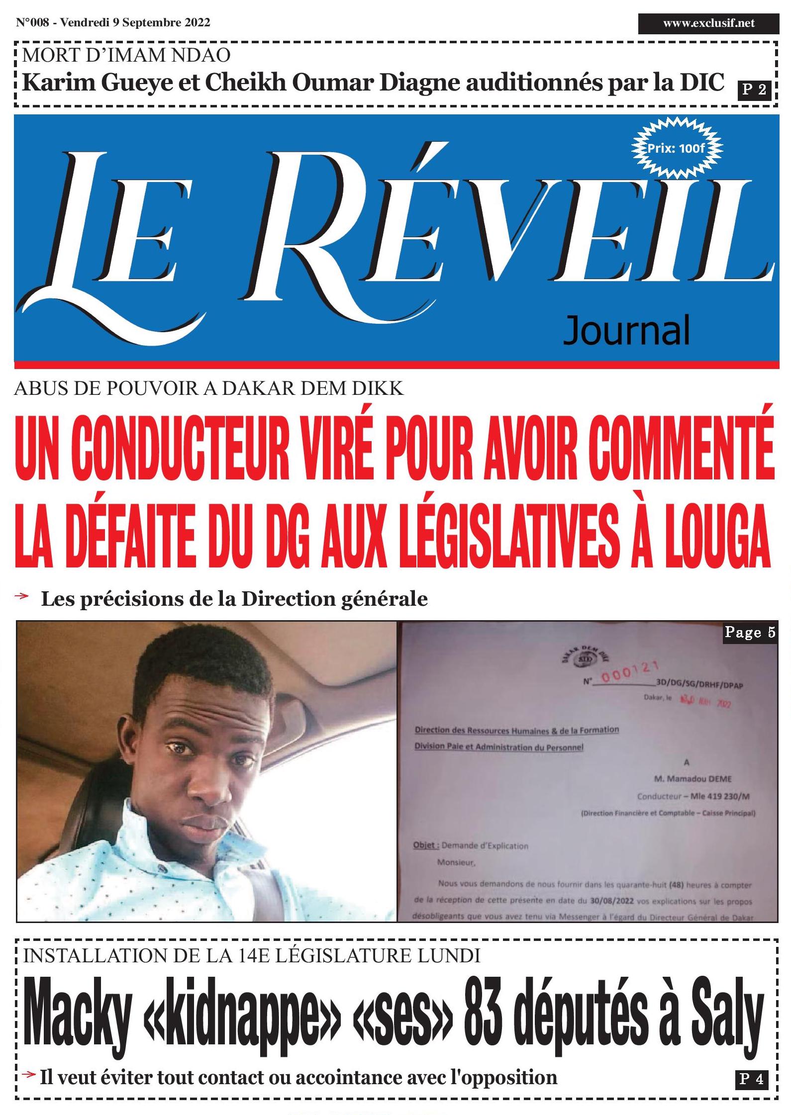 Le Quotidien "Le Réveil" du Vendredi 09 Septembre 2022...