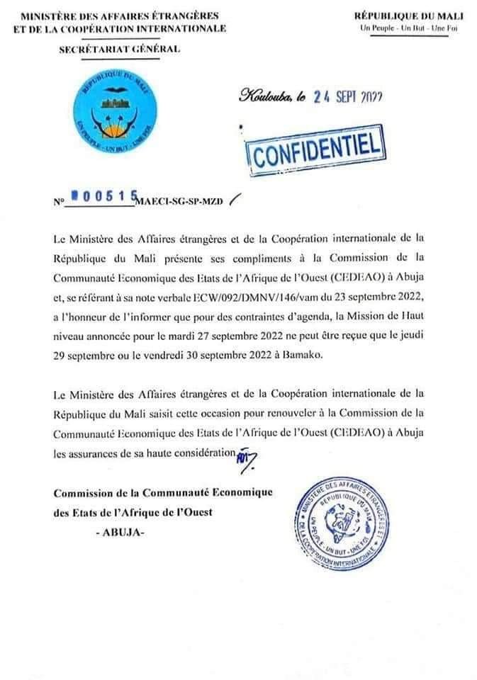 Mission de la CEDEAO : Goita refuse de recevoir Macky Sall et Cie( Document)