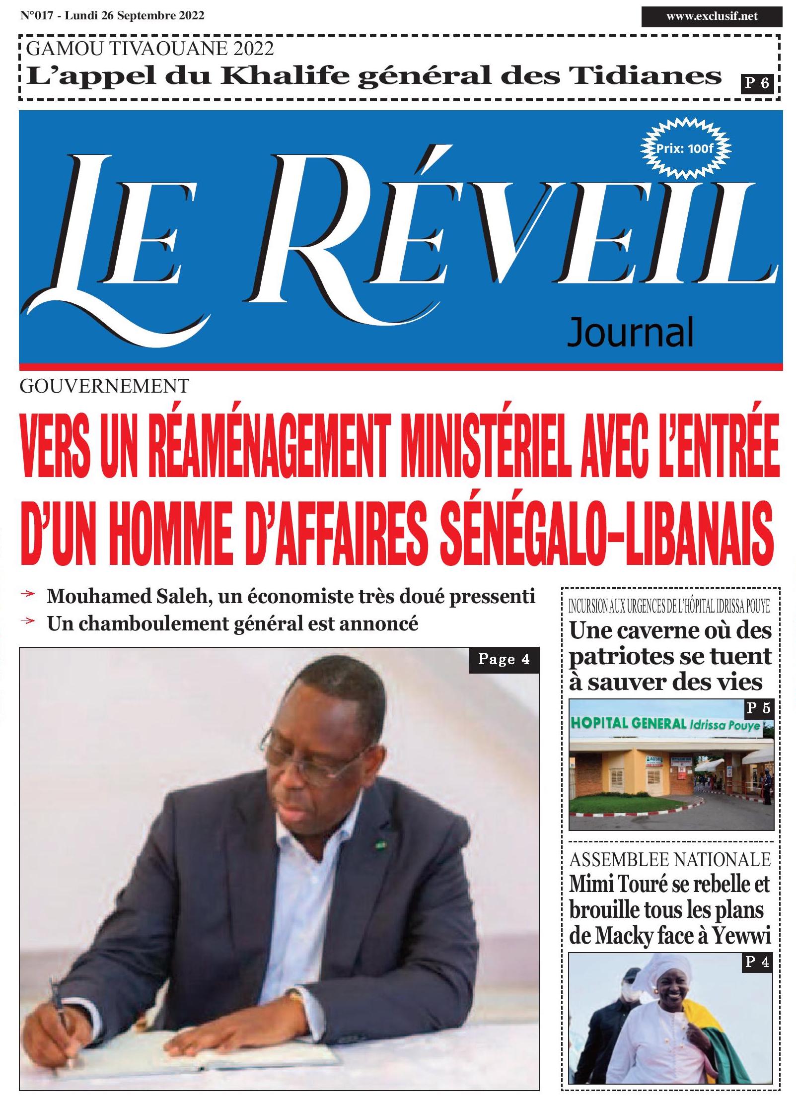 Le Quotidien "Le Réveil" du Lundi 26 Septembre 2022