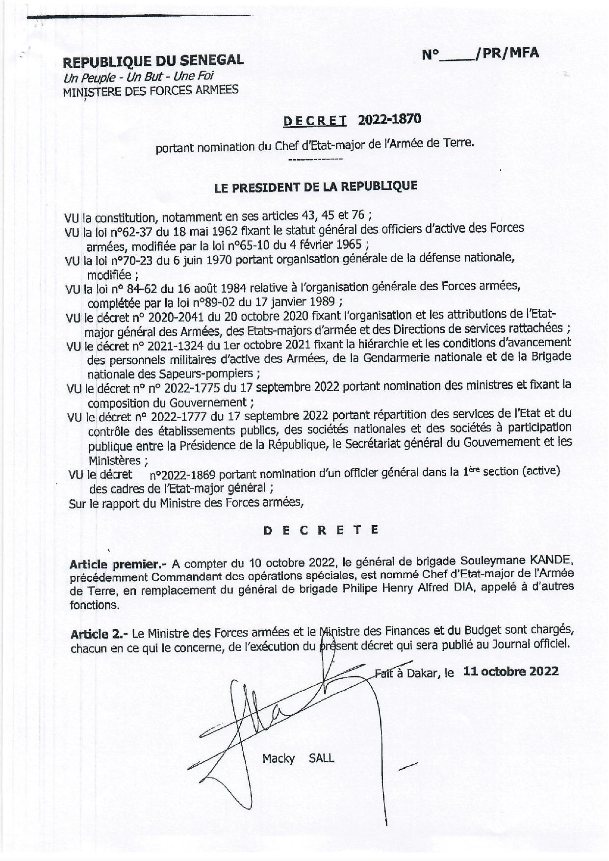 Sécurité : Macky Sall opère quelques réaménagements dans l'Armée Nationale (Documents)