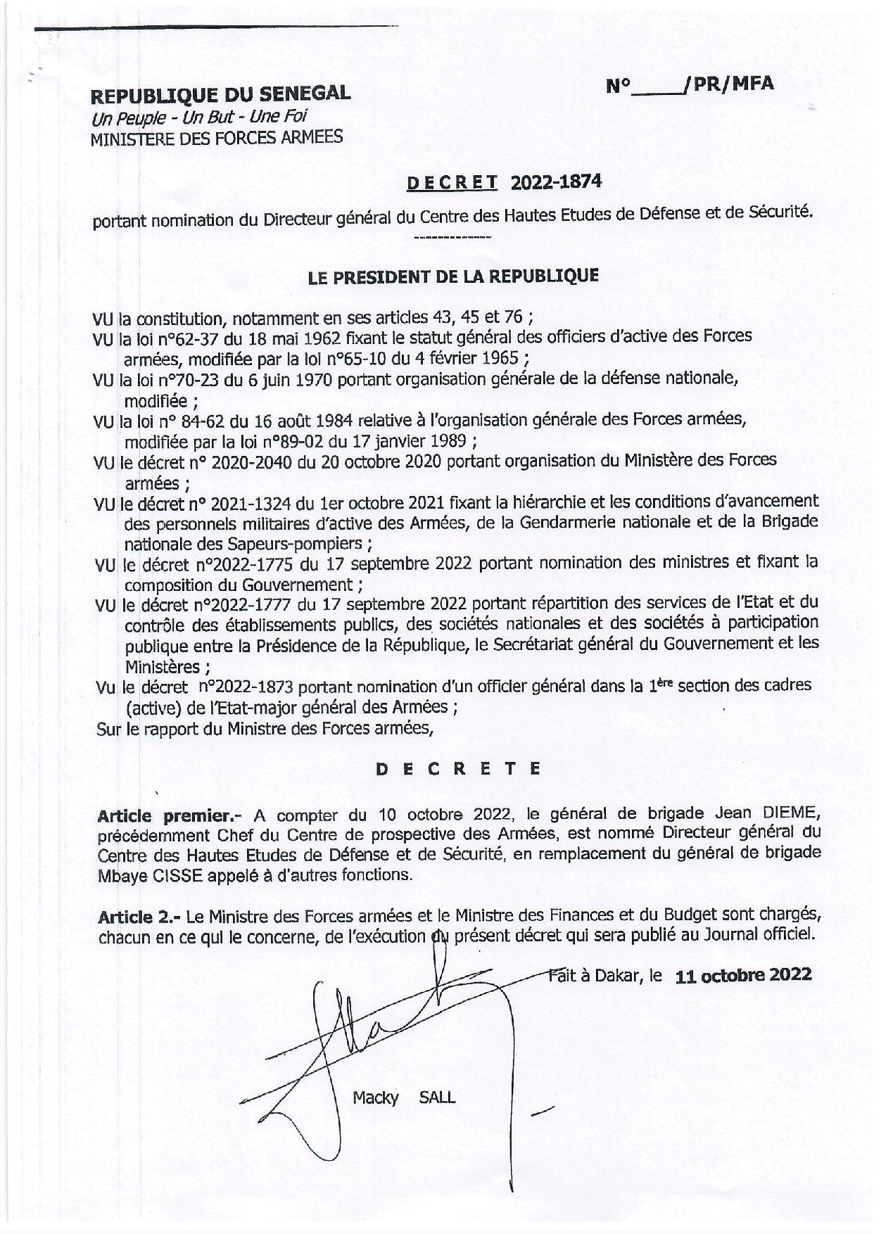 Sécurité : Macky Sall opère quelques réaménagements dans l'Armée Nationale (Documents)