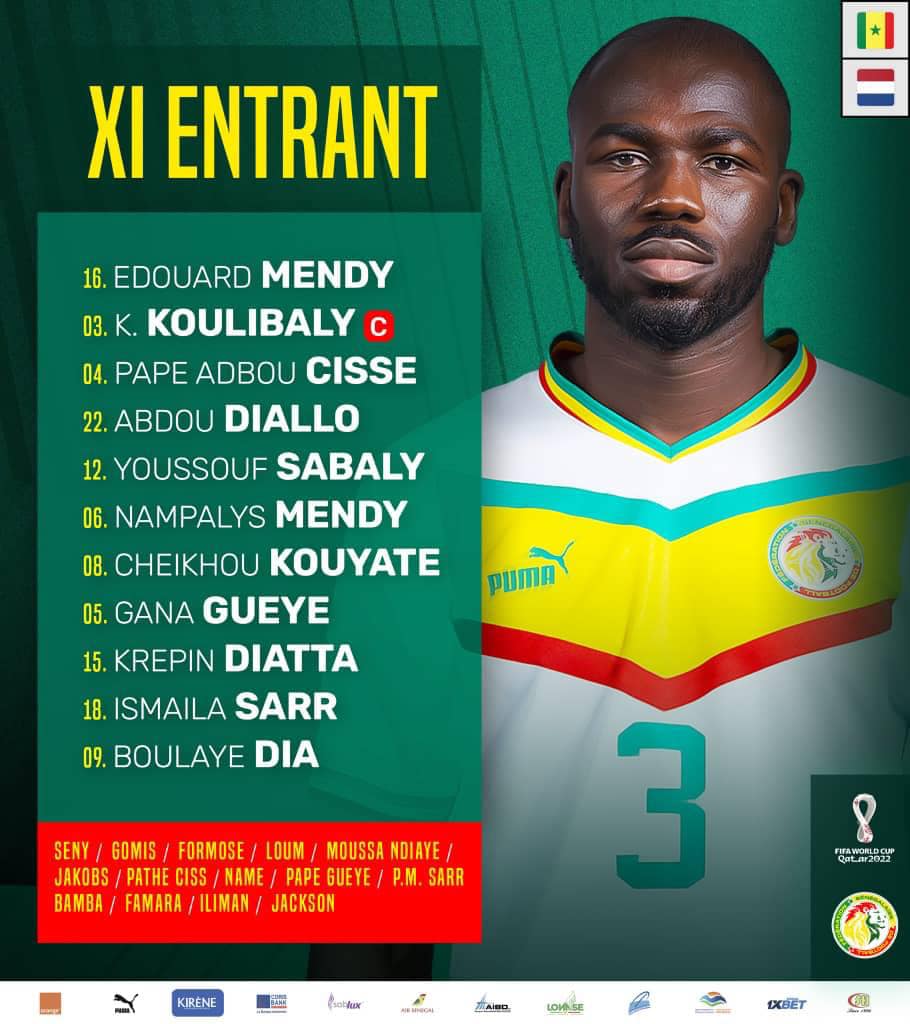 Sénégal : E.Mendy - Sabaly, Cissé, Koulibaly, Diallo - Kouyaté, N.Mendy, I.Gueye - Diatta, Dia, Sarr