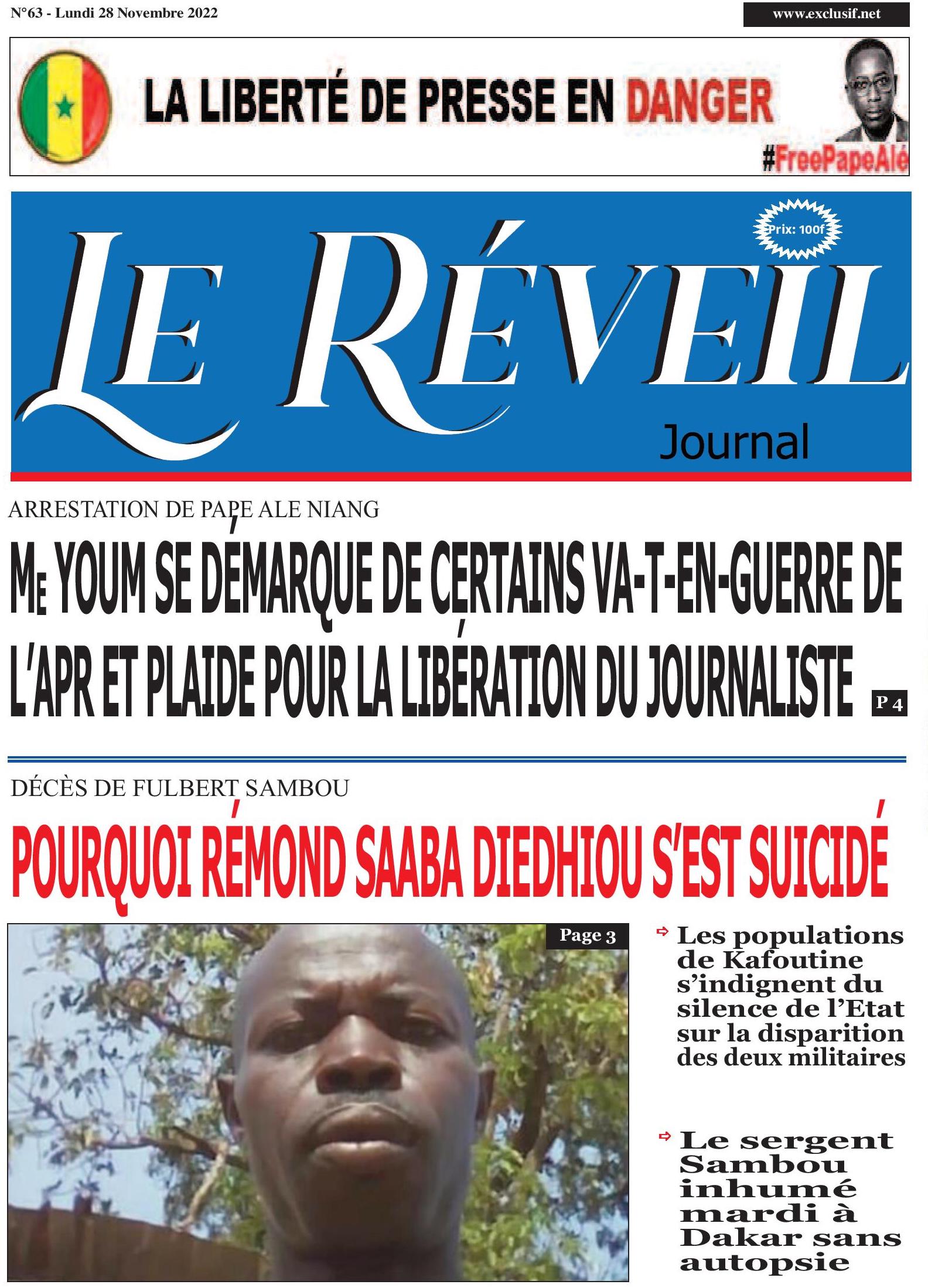 Le Quotidien "Le Réveil" du Lundi 28 Novembre 2022