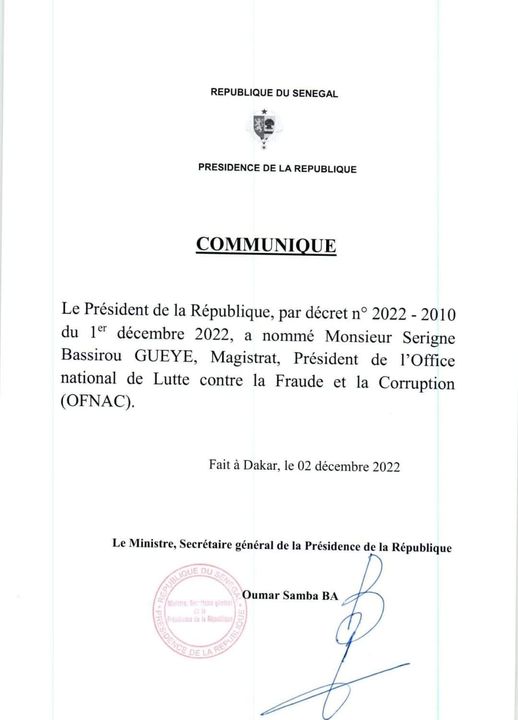 L'ex Procureur Serigne Bassirou Gueye nommé à la tête de l’OFNAC