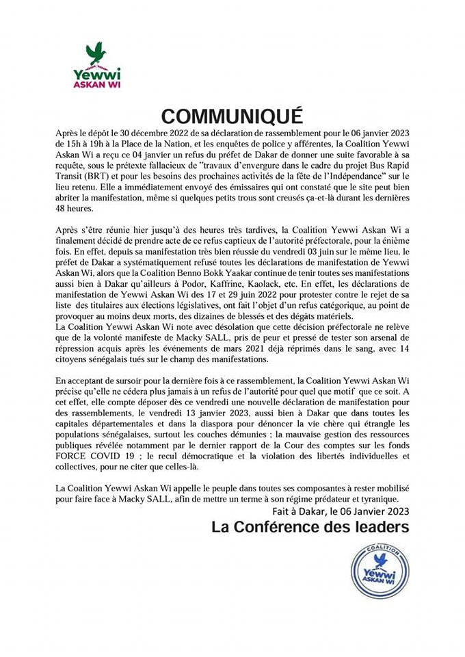 Manifestation interdite : La coalition Yewwi Askan Wi prend acte du refus "captieux" du Préfet