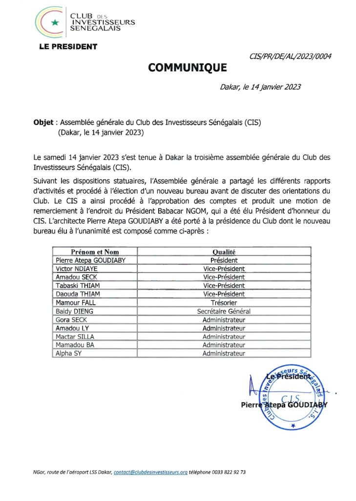 Club des investisseurs : Pierre Goudiaby Atepa, élu président