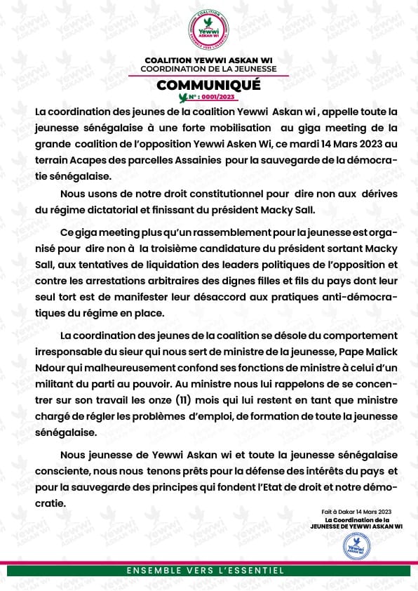 Giga Meeting des Parcelles Assainies : Les jeunes de Yewwi demandent aux Sénégalais de sortir massivement pour dénoncer la "dictature" de Macky