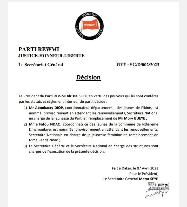 Jeunesse Rewmi : Penda Ndao et Mory Gueye "destitués" par Idrissa Seck