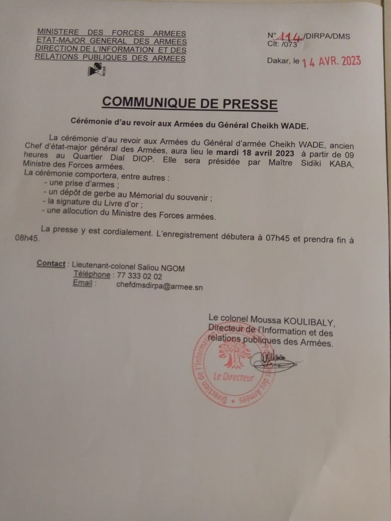 Cérémonie du départ du Général d'armée Cheikh Wade : ce que l'armée prévoit...
