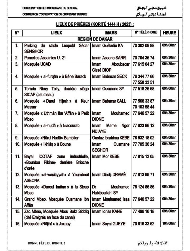  Korité 2023 : Voici les lieux de prière pour la célébration de ce vendredi