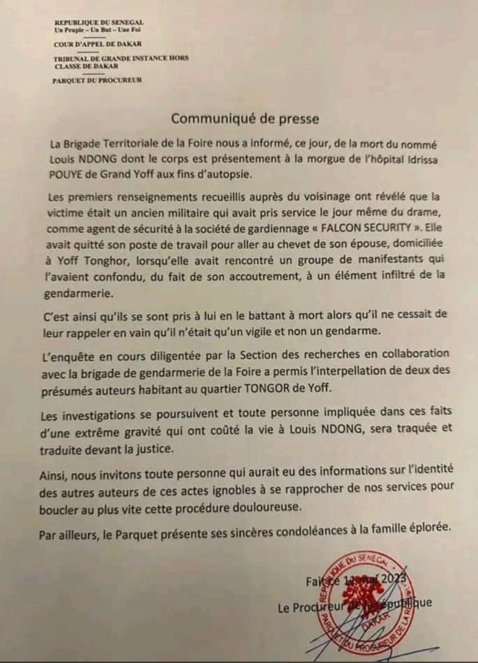 Louis Ndong, lynché à mort : Le Procureur accuse des manifestants (communiqué)