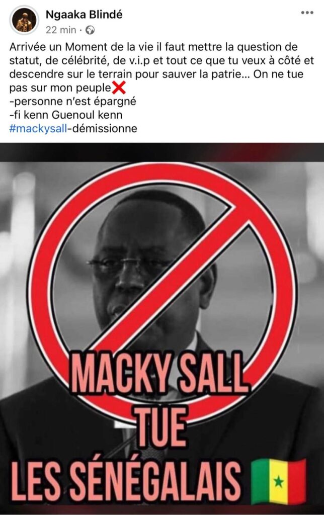 Ngaaka Blindé appelle Macky à la  démission : "On ne tue pas sur mon peuple"