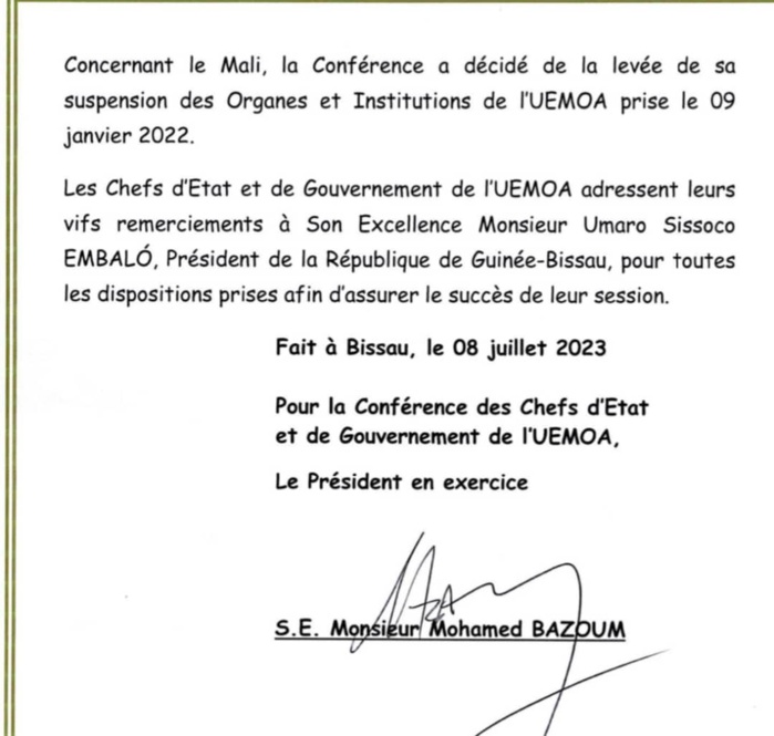 Bissau: L'UEMOA lève les sanctions institutionnelles contre le Mali