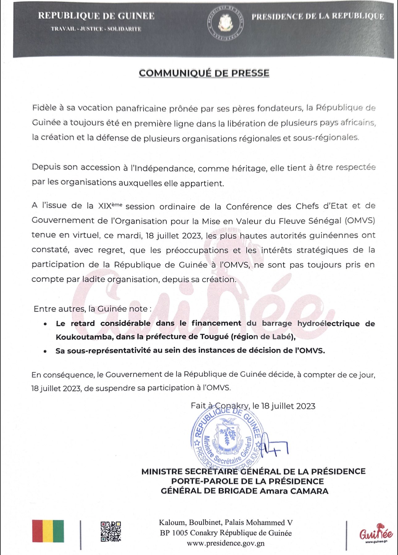 La Guinée suspend sa participation à l’OMVS (DOCUMENT)
