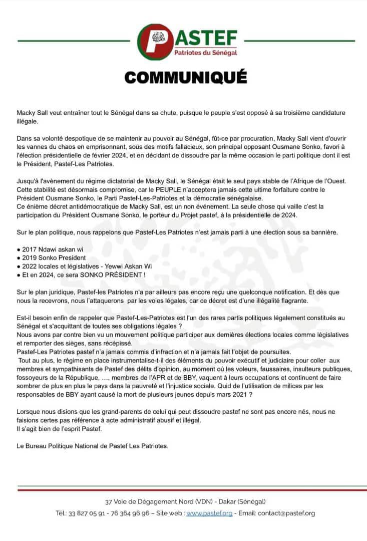 Après sa dissolution, le parti PASTEF brise le silence : "Macky Sall vient d'ouvrir les vaines du chaos..."