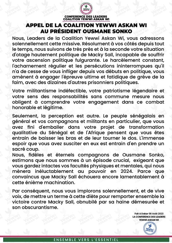 Les leaders de YAW supplient Ousmane Sonko d’arrêter sa grève de la faim