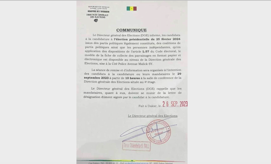 Présidentielle : remise du modèle de la fiche de collecte de parrainages, vendredi