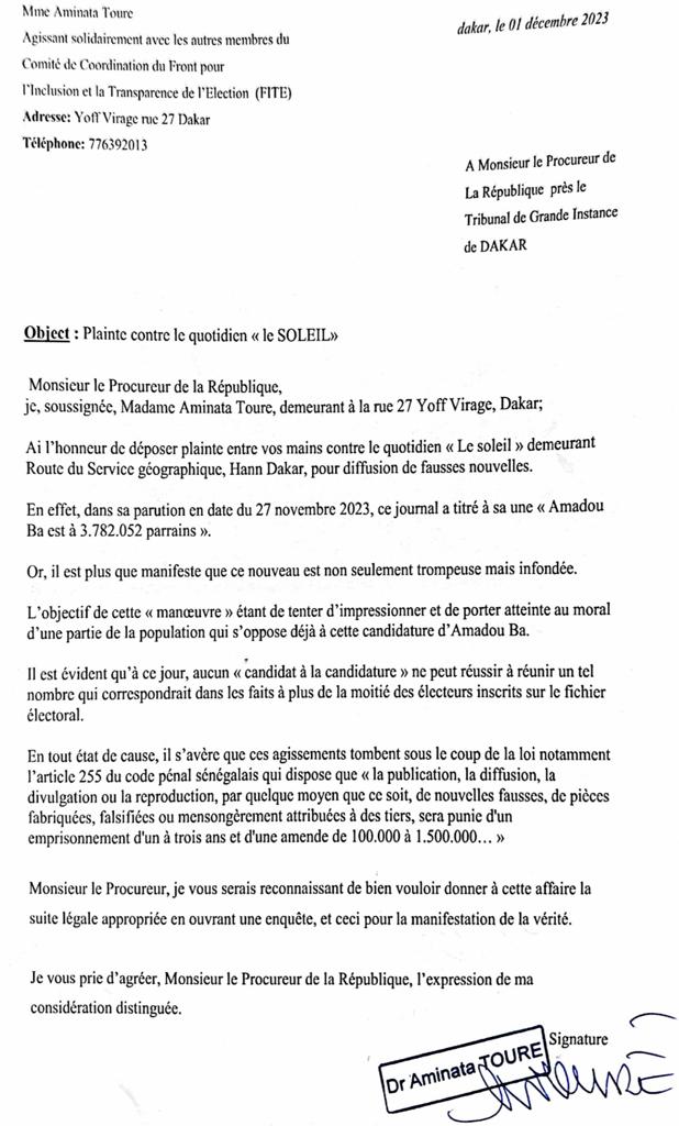 Diffusion de fausses nouvelles: Le "FITE", porté par Aminata Touré, porte plainte contre le quotidien "Le SOLEIL" (DOCUMENT)