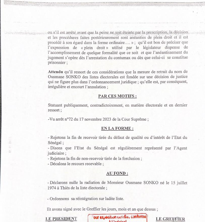 Listes électorales :  Le juge rend publique sa décision ordonnant la réintégration de Ousmane Sonko