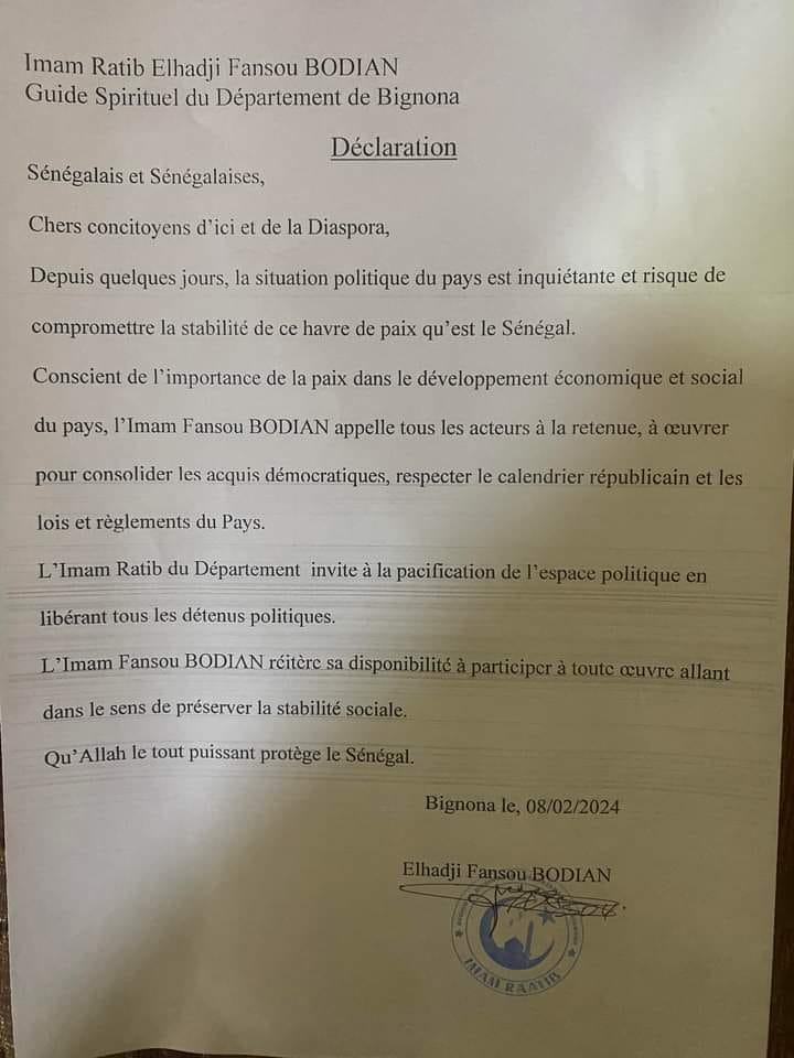 Report de la Présidentielle : La réaction du guide religieux Nfansou Bodian