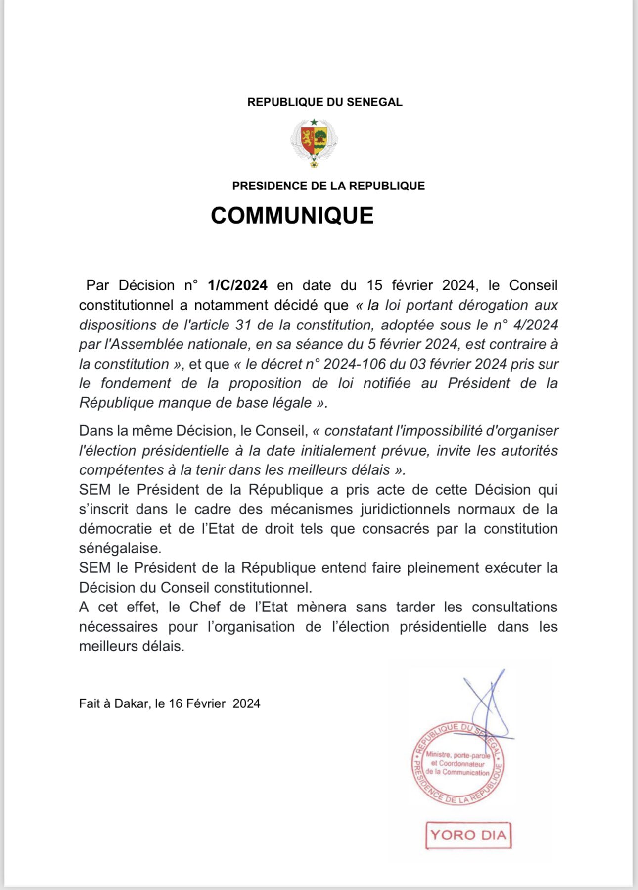 Macky Sall entend faire pleinement exécuter la décision du Conseil Constitutionnel (Communiqué)