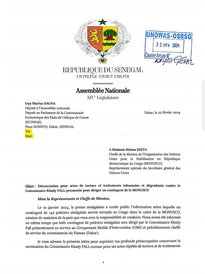 Commissaire Khady Fall à la tête d'un contingent de la Monusco : Guy Marius alerte l'ONU