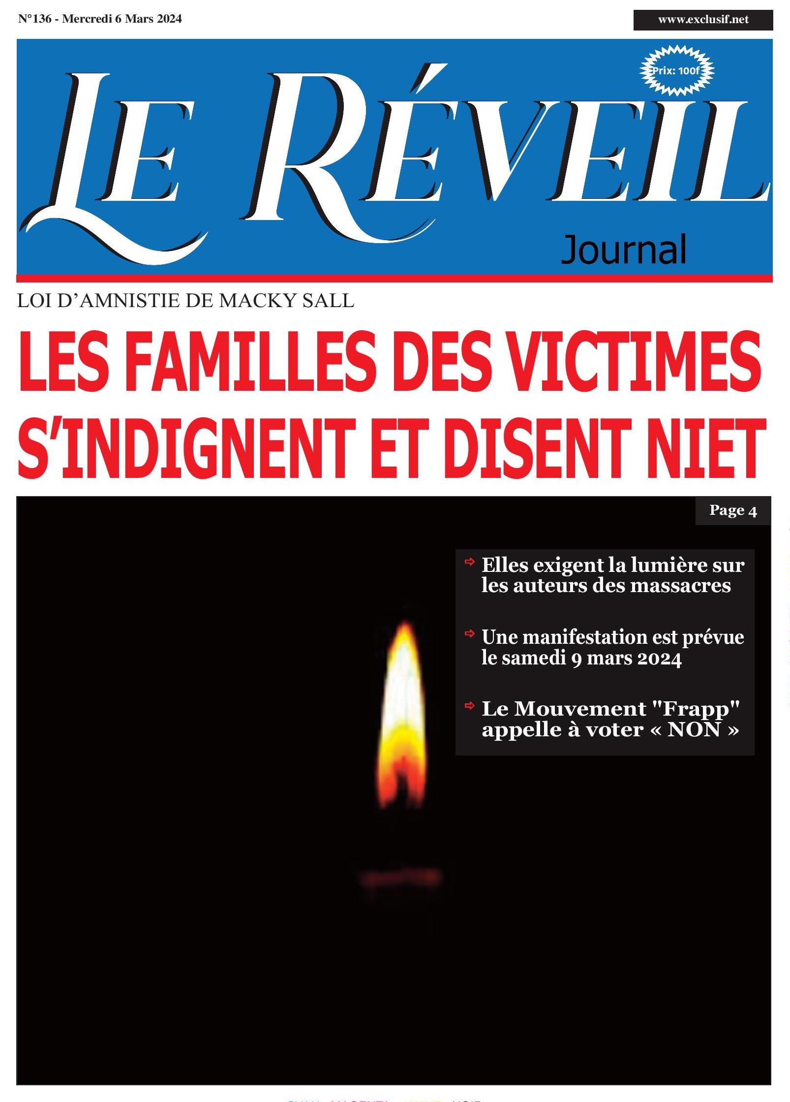 La Une du journal le Reveil du mercredi 06 mars 2024