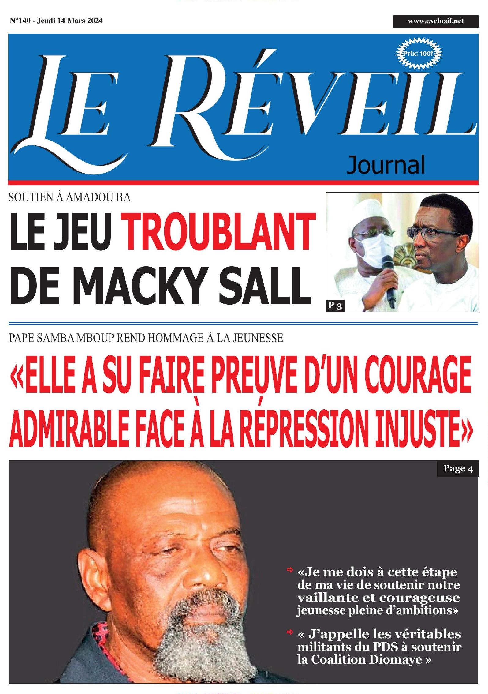 La Une du journal le Reveil du Jeudi 14 mars 2024