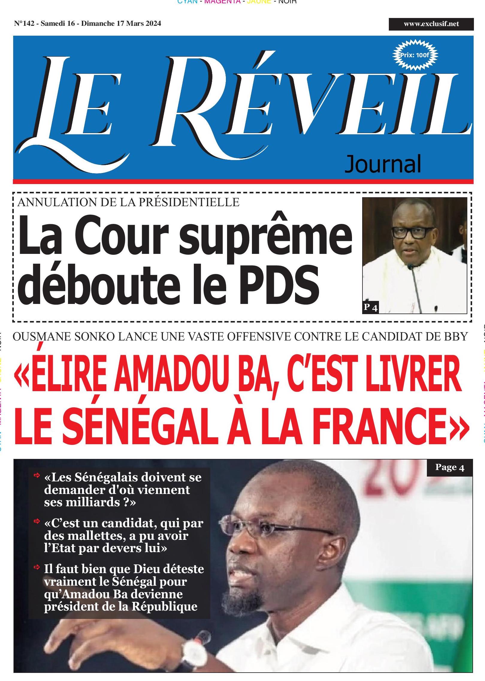 La Une du journal le Reveil du samedi 16 mars 2024